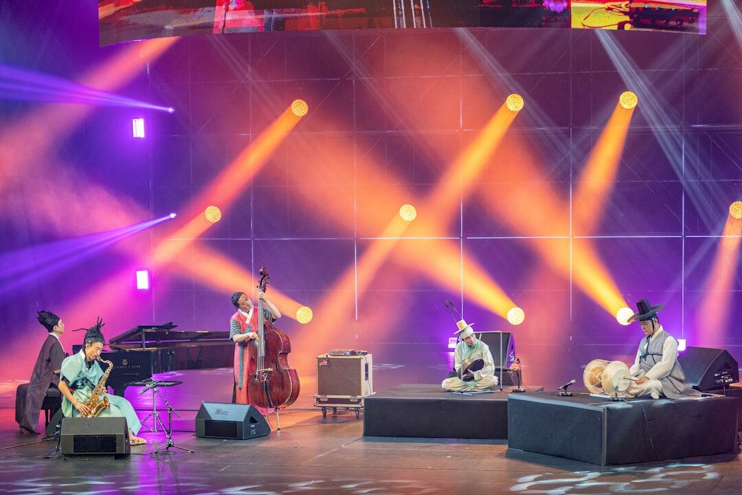Talk show set with sofa and studio lights
