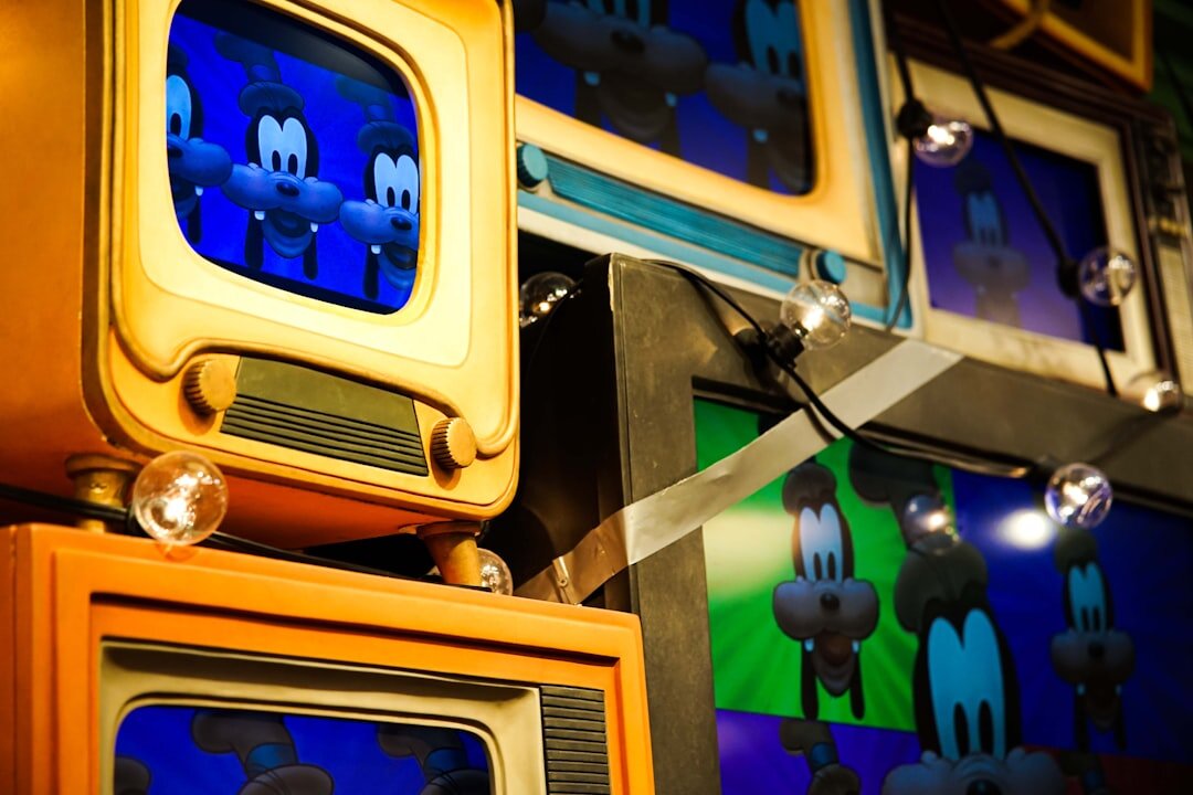 Colourful retro TV game show stage with studio lights