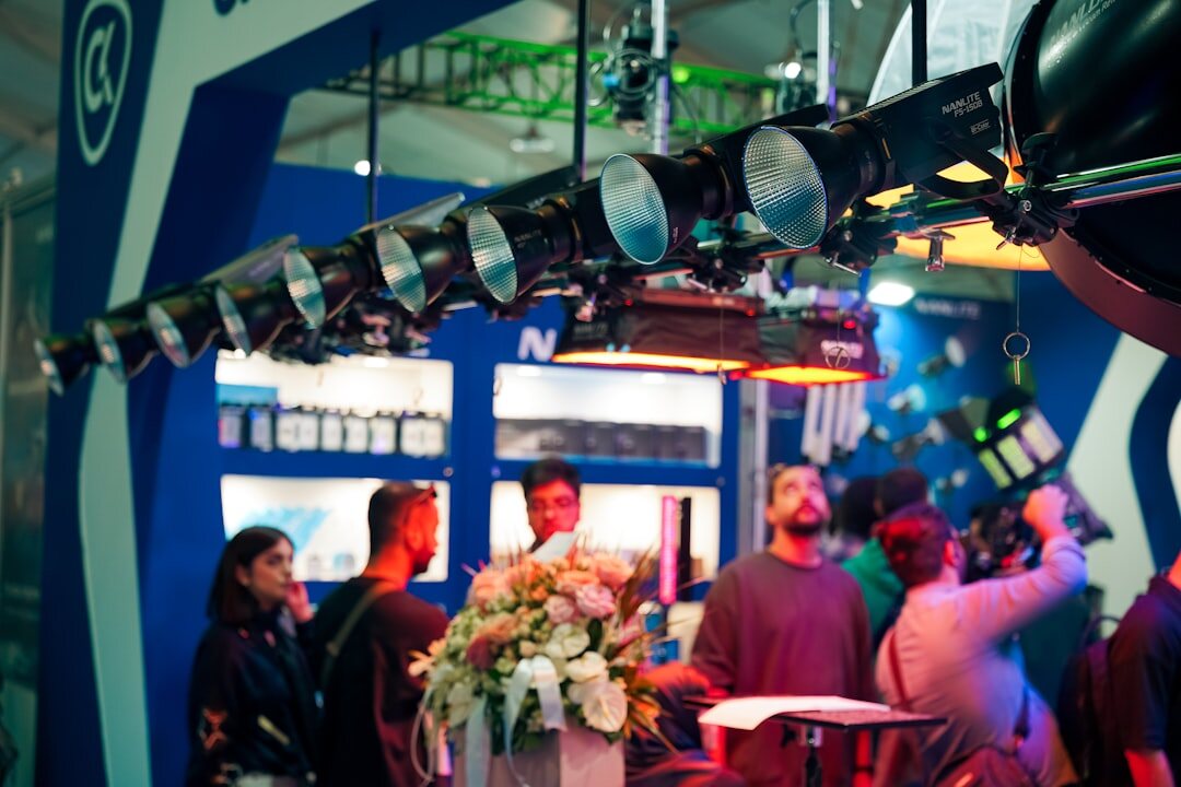 Television news desk with studio lighting